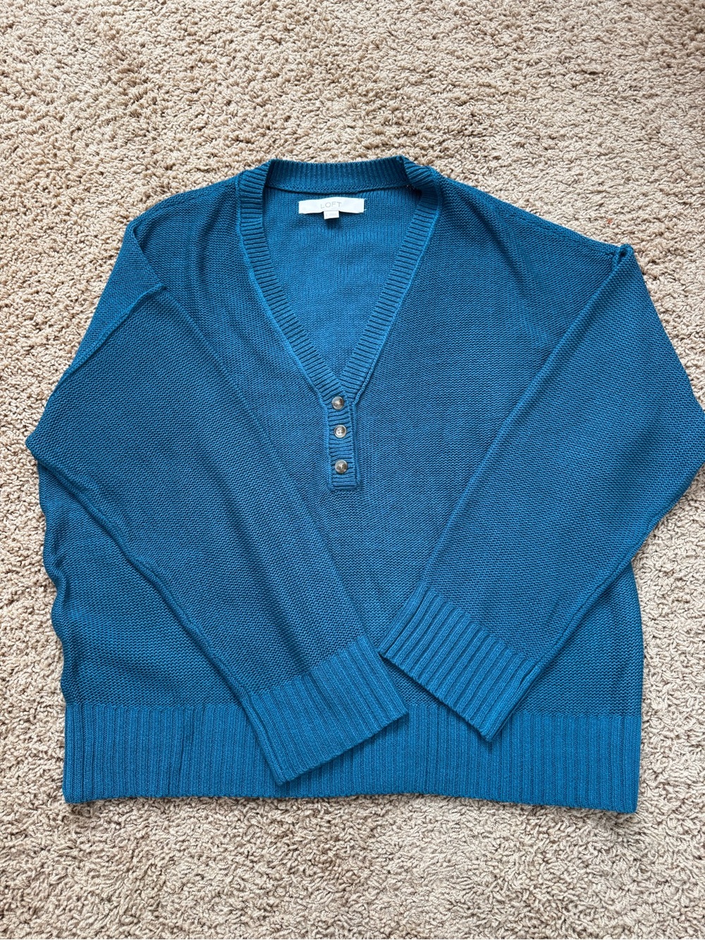 LOFT Teal Blue V-Neck Button Pullover Sweater